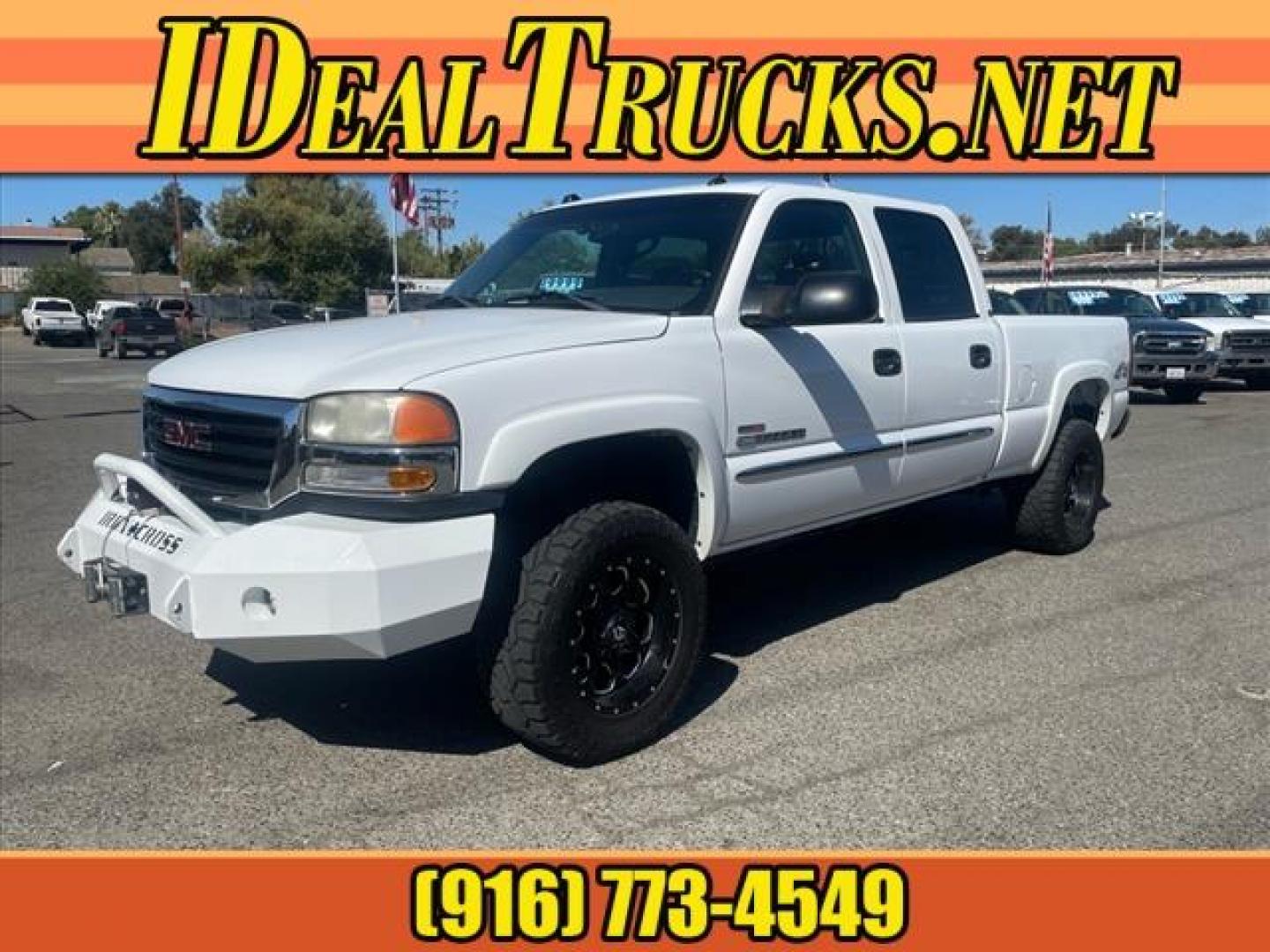 2005 Summit White GMC Sierra 2500HD SLE (1GTHK23285F) with an 6.6L Duramax 6.6L Diesel Turbo V8 300hp 520ft. lbs. Direct Injection engine, 5-Speed Automatic transmission, located at 800 Riverside Ave, Roseville, CA, 95678, (916) 773-4549, 38.732265, -121.291039 - DURAMAX DIESEL CREW CAB 4X4 SLE SERVICE RECORDS ON CLEAN CARFAX - Photo#0