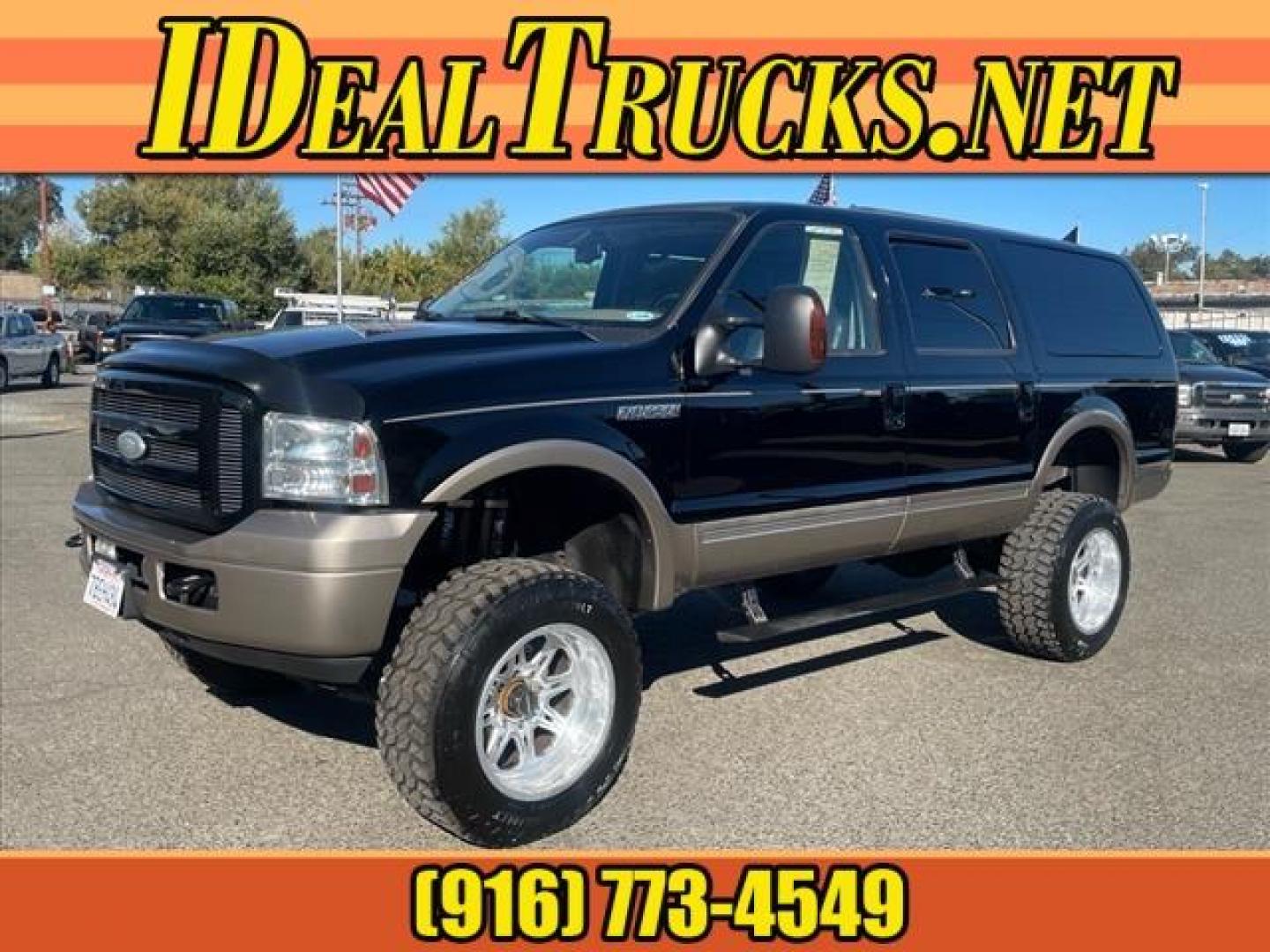 2005 Black Clearcoat Ford Excursion Eddie Bauer (1FMSU45P25E) with an 6.0L Power Stroke 6.0L Diesel Turbo V8 325hp 560ft. lbs. Common Rail Direct Injection engine, 5-Speed Automatic transmission, located at 800 Riverside Ave, Roseville, CA, 95678, (916) 773-4549, 38.732265, -121.291039 - DIESEL 4X4 EDDIE BAUER LIFTED LOW MILES NEW EGR AND OIL COOLER SERVICE RECORDS ONE OWNER - Photo#0