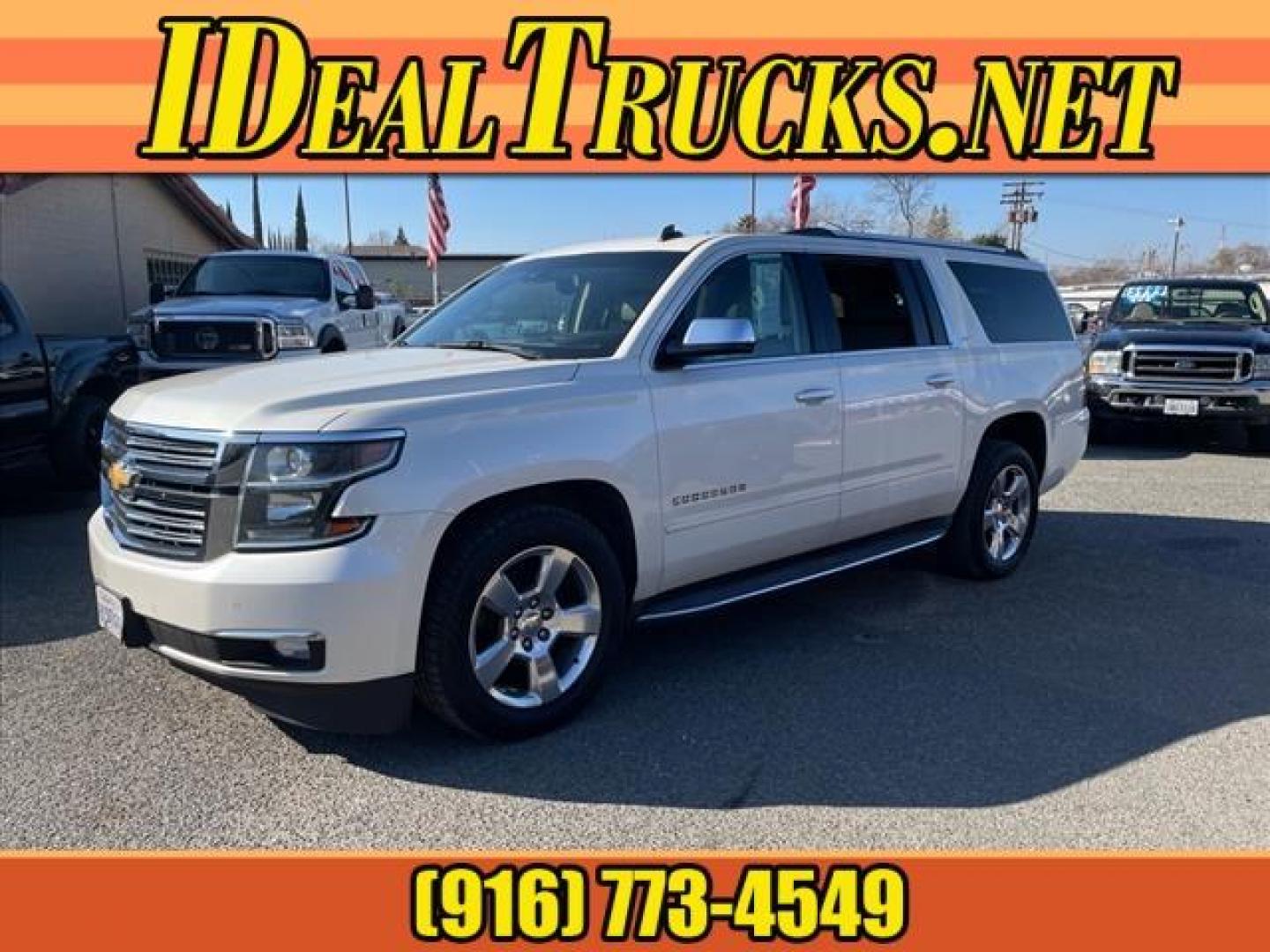 2015 White Diamond Tricoat Chevrolet Suburban LTZ (1GNSKKKC0FR) with an 5.3L EcoTec3 5.3L Flex Fuel V8 355hp 383ft. lbs. Direct Injection engine, 6-Speed Shiftable Automatic w/Overdrive transmission, located at 800 Riverside Ave, Roseville, CA, 95678, (916) 773-4549, 38.732265, -121.291039 - 4X4 LTZ DVD CLEAN CARFAX - Photo#0